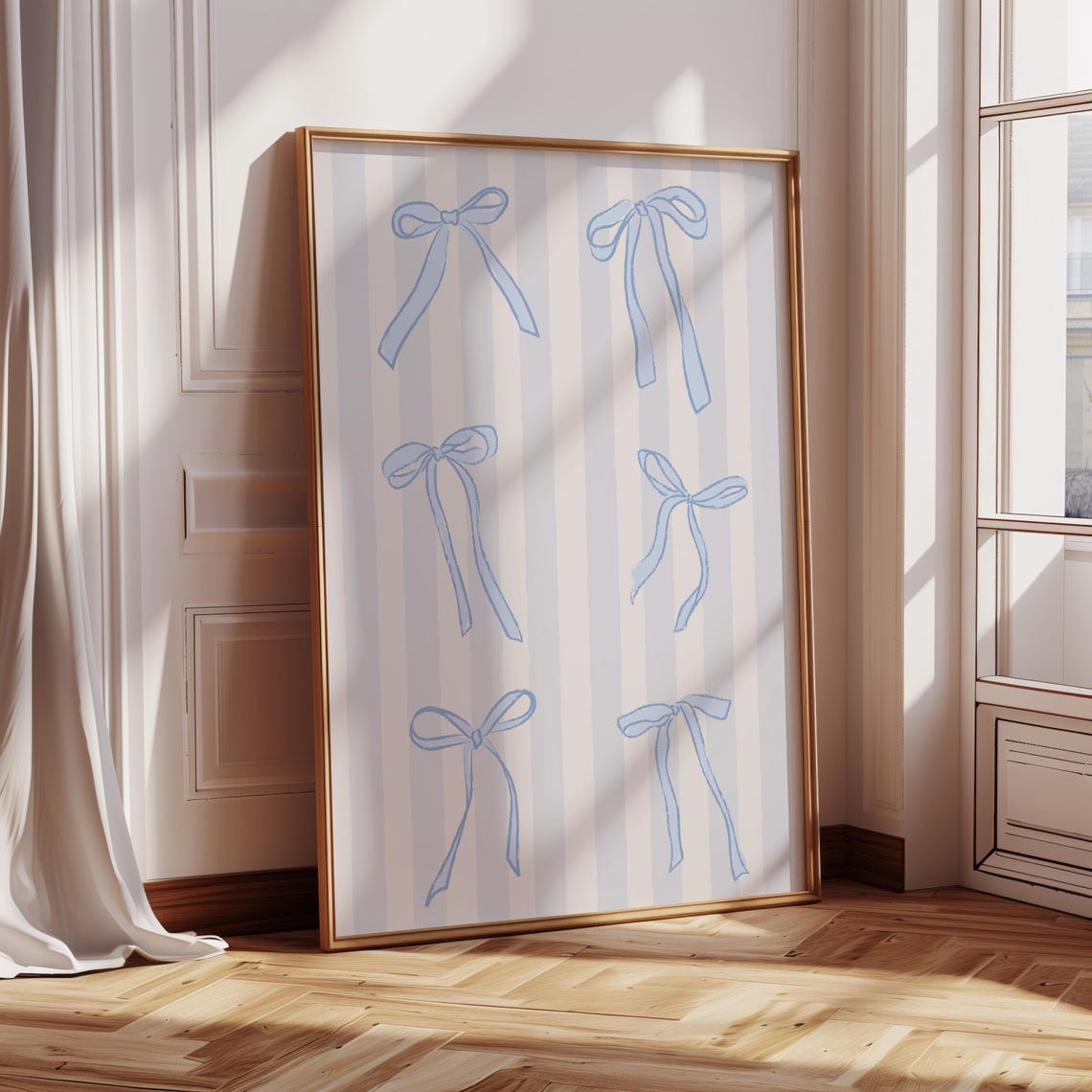 Blue Striped Coquette Bow Pattern Minimalist Girls Room Art Print - Image 2