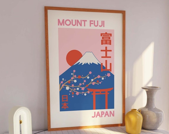 Mount Fuji Japan Print Art Pink And Blue Cherry Blossom Wall Art Cute Trendy Wall Art Travel Art Print
