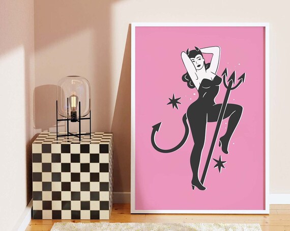Pin Up Devil Girl Trident Pink Cute Retro Halloween Art Poster