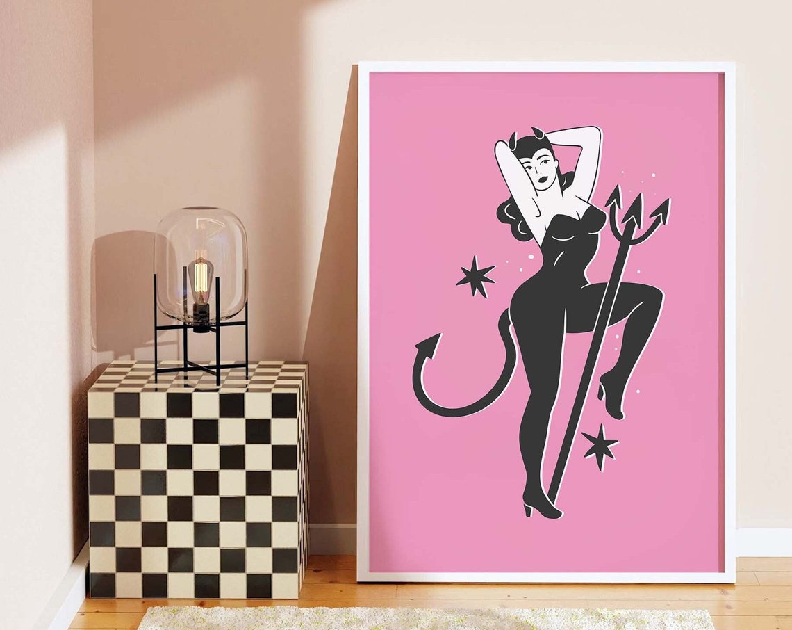 Pin Up Devil Girl Trident Pink Cute Retro Halloween Art Poster