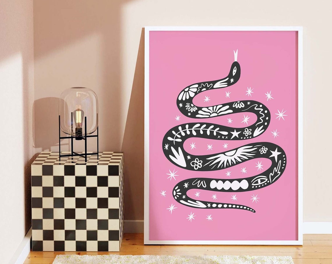 Boho Tattoo Snake Black Illustration Pink Starry Moon Art Print