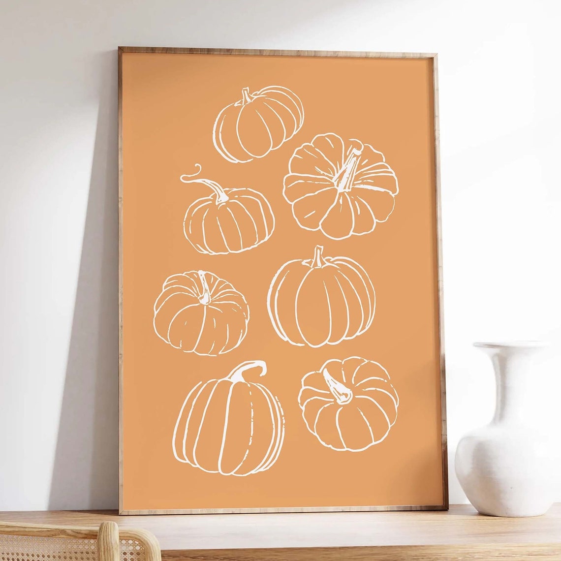 Pumpkins White Line Art Orange Rustic Fall Wall Decor Poster