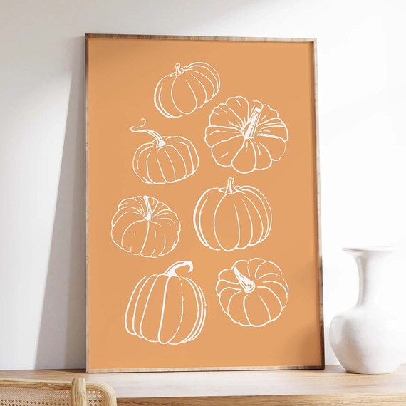Pumpkins White Line Art Orange Rustic Fall Wall Decor Poster