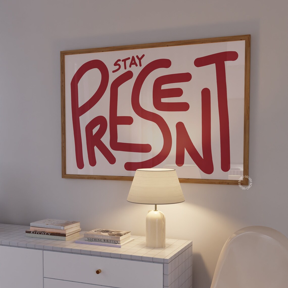 Stay Present Typography Poster, Mid-Century Art Print
