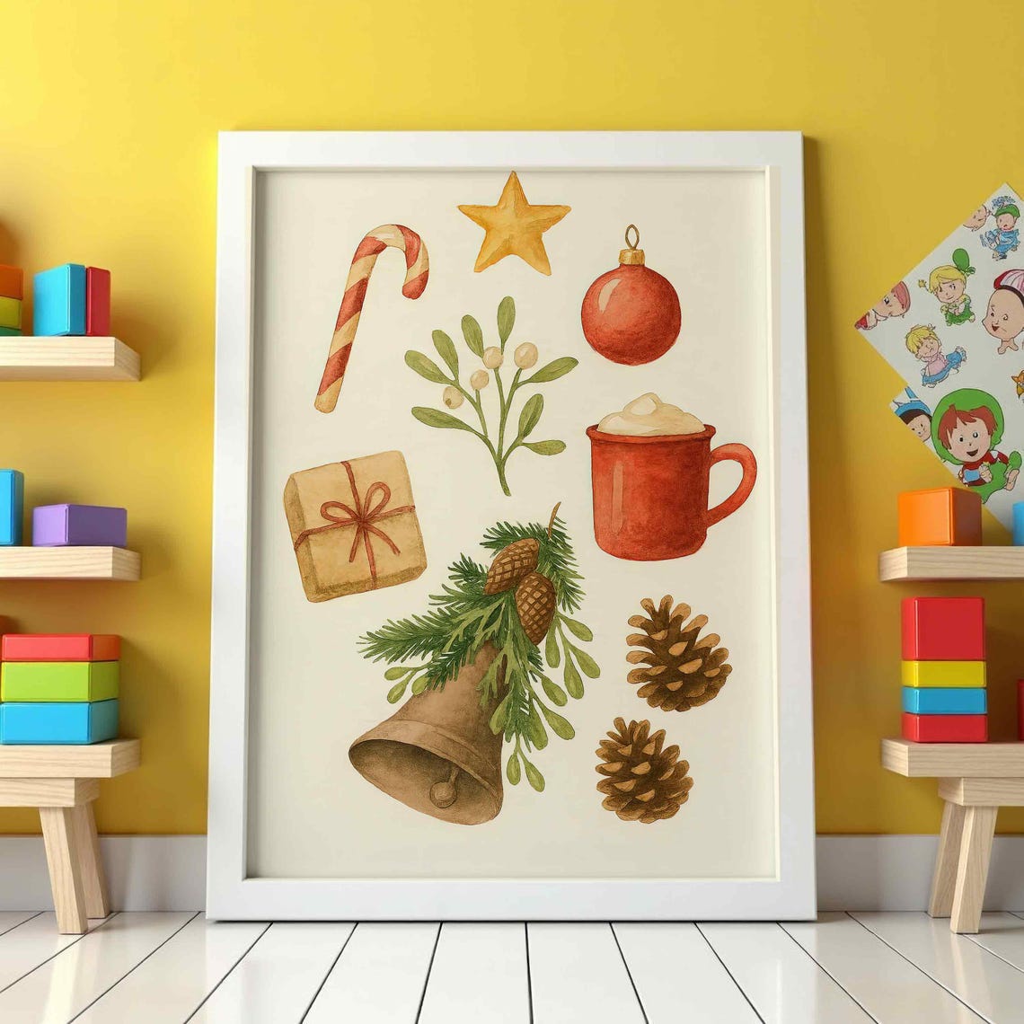 Watercolor Christmas Icons Candy Cane Bell Cocoa Holiday Poster