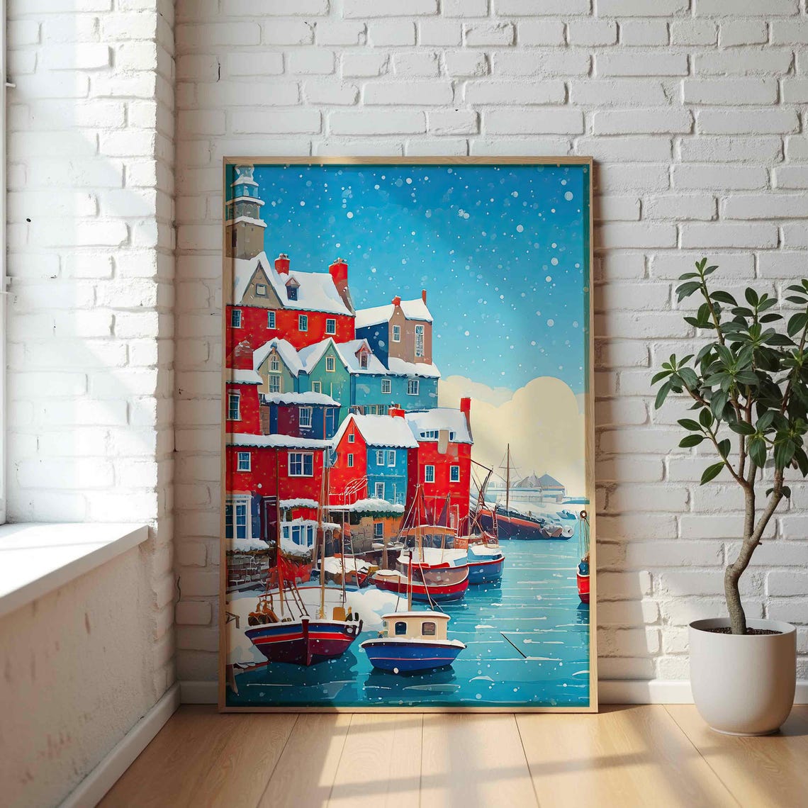 Snowy Christmas Harbor Sailboats Winter Festive Scene Poster