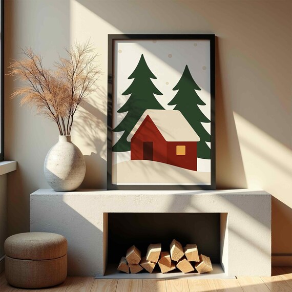 Cozy Red Cabin Snowy Pines Vintage Christmas Holiday Wall Art