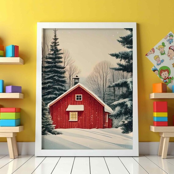 Red Winter Cabin Snowy Pines Vintage Christmas Forest Poster