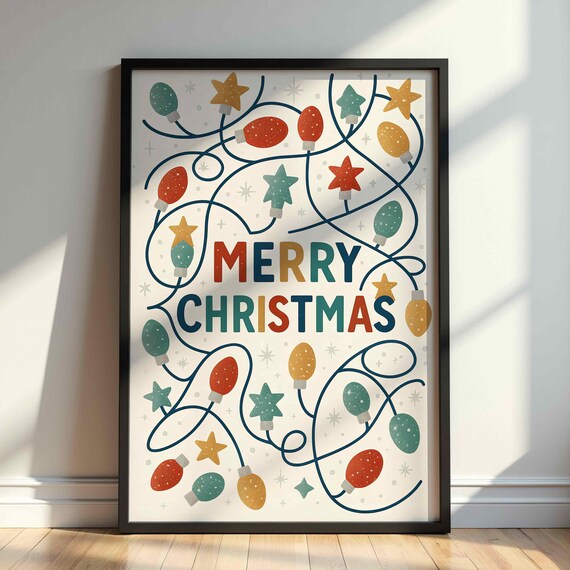 Merry Christmas Retro String Lights Stars Festive Holiday Wall Art