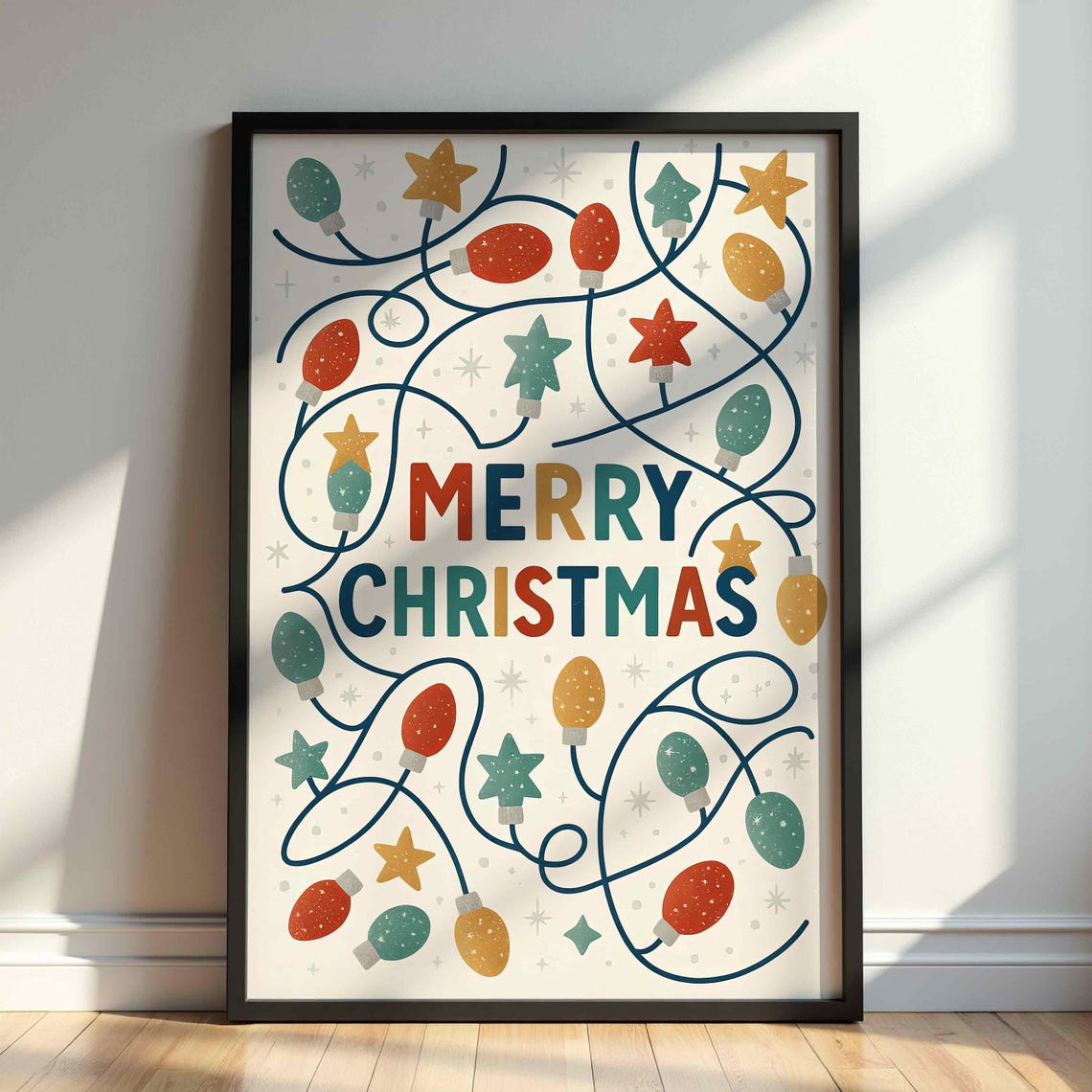 Merry Christmas Retro String Lights Stars Festive Holiday Wall Art