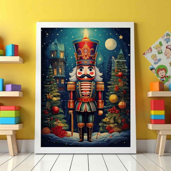 Nutcracker Soldier Christmas Night Moonlit Village Scene Art Poster