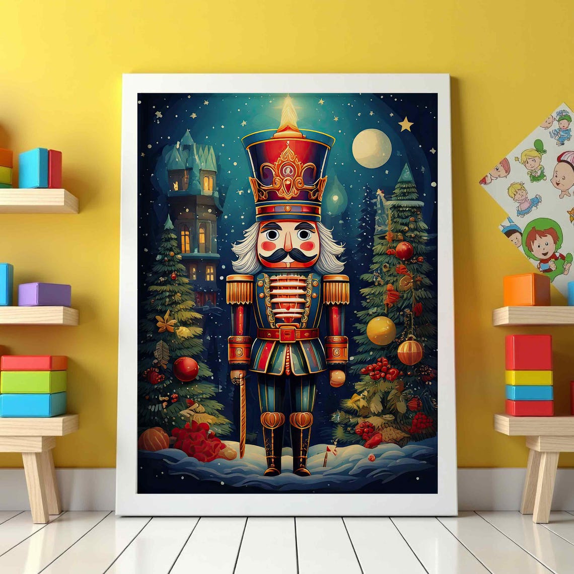Nutcracker Soldier Christmas Night Moonlit Village Scene Art Poster