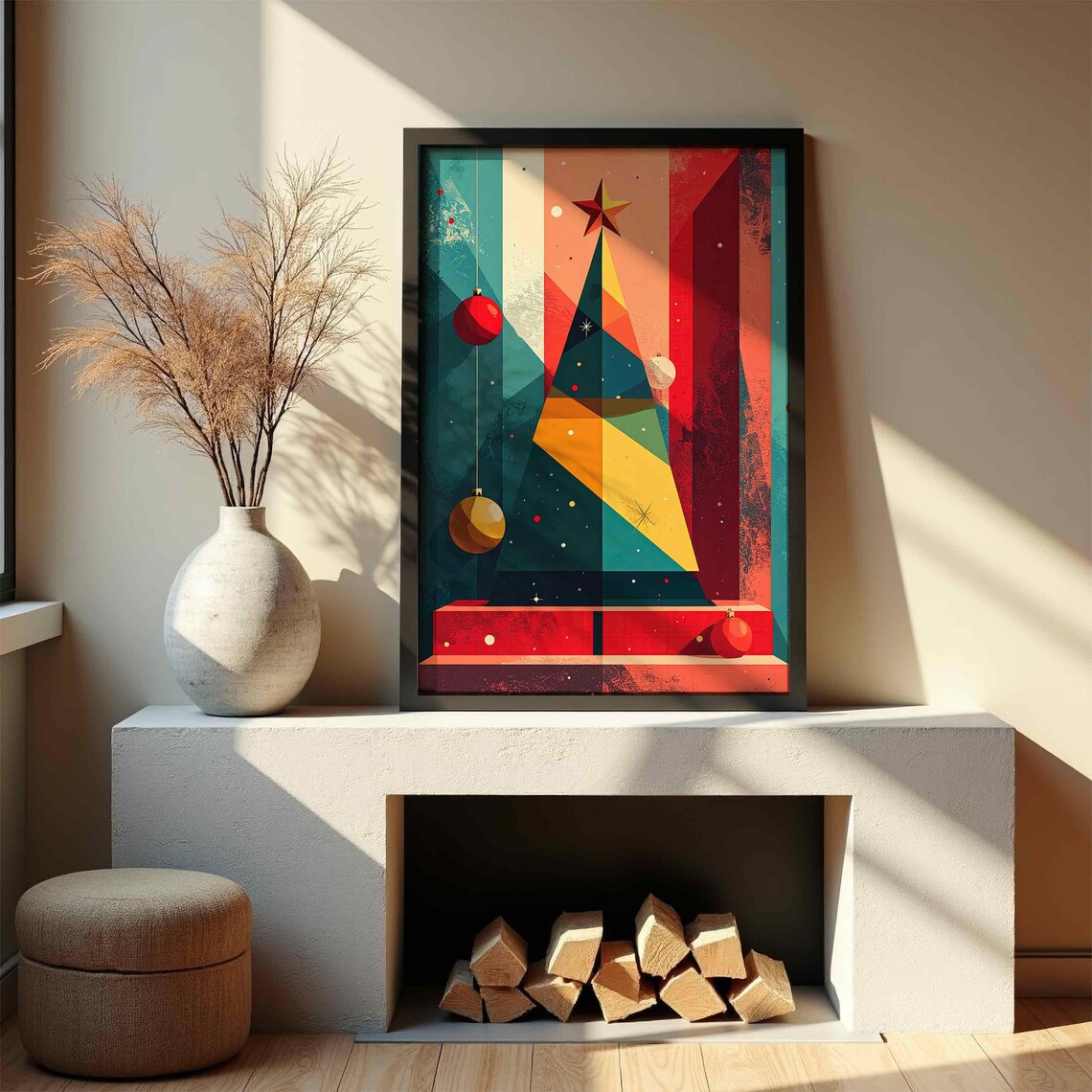 Geometric Red Teal Christmas Tree Star Retro Mid Century Holiday Poster
