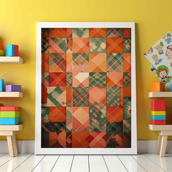 Warm Autumn Patchwork Quilt Geometric Pattern Burnt Orange Wall Poster