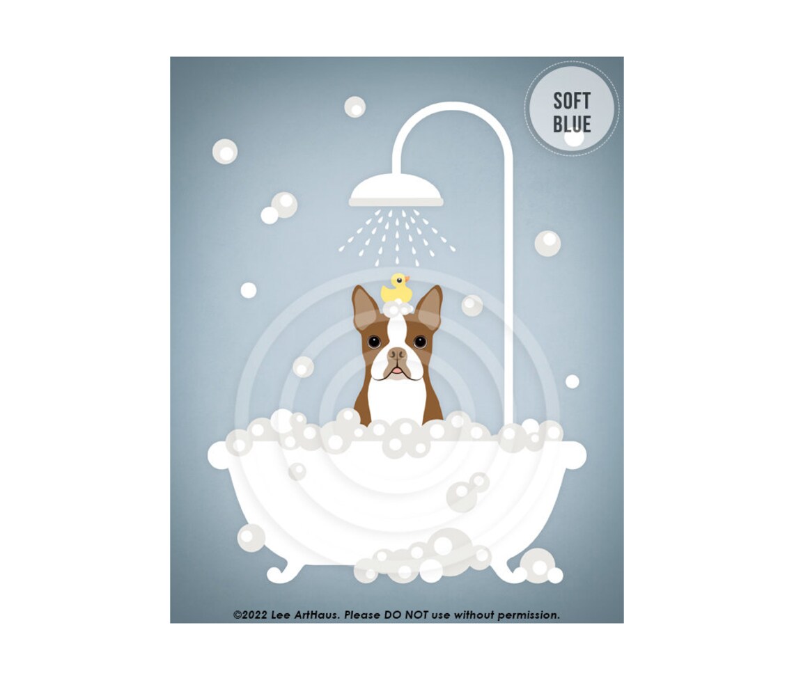 Red Boston Terrier Taking Bubble Bath Under Shower Cute Dog Poster - Image 2