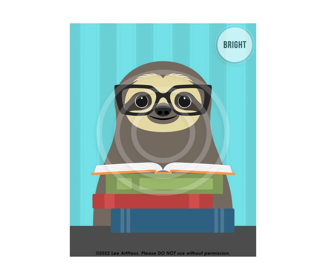 Sloth Reading Books Glasses Bookworm Cute Library Wall Art Poster