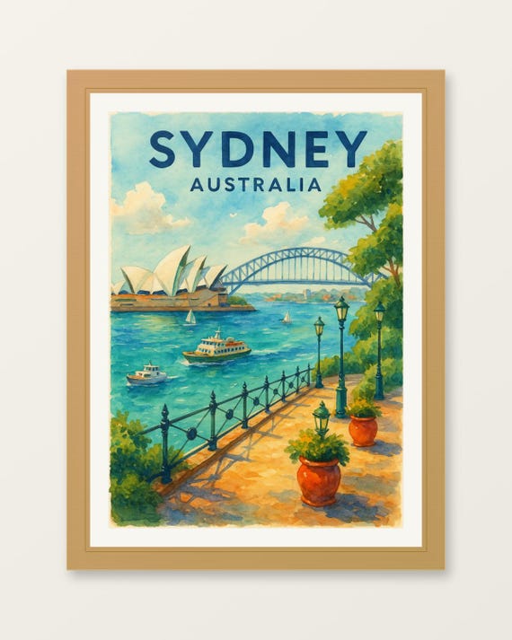 Sydney Australia Watercolor Poster Travel Wall Art