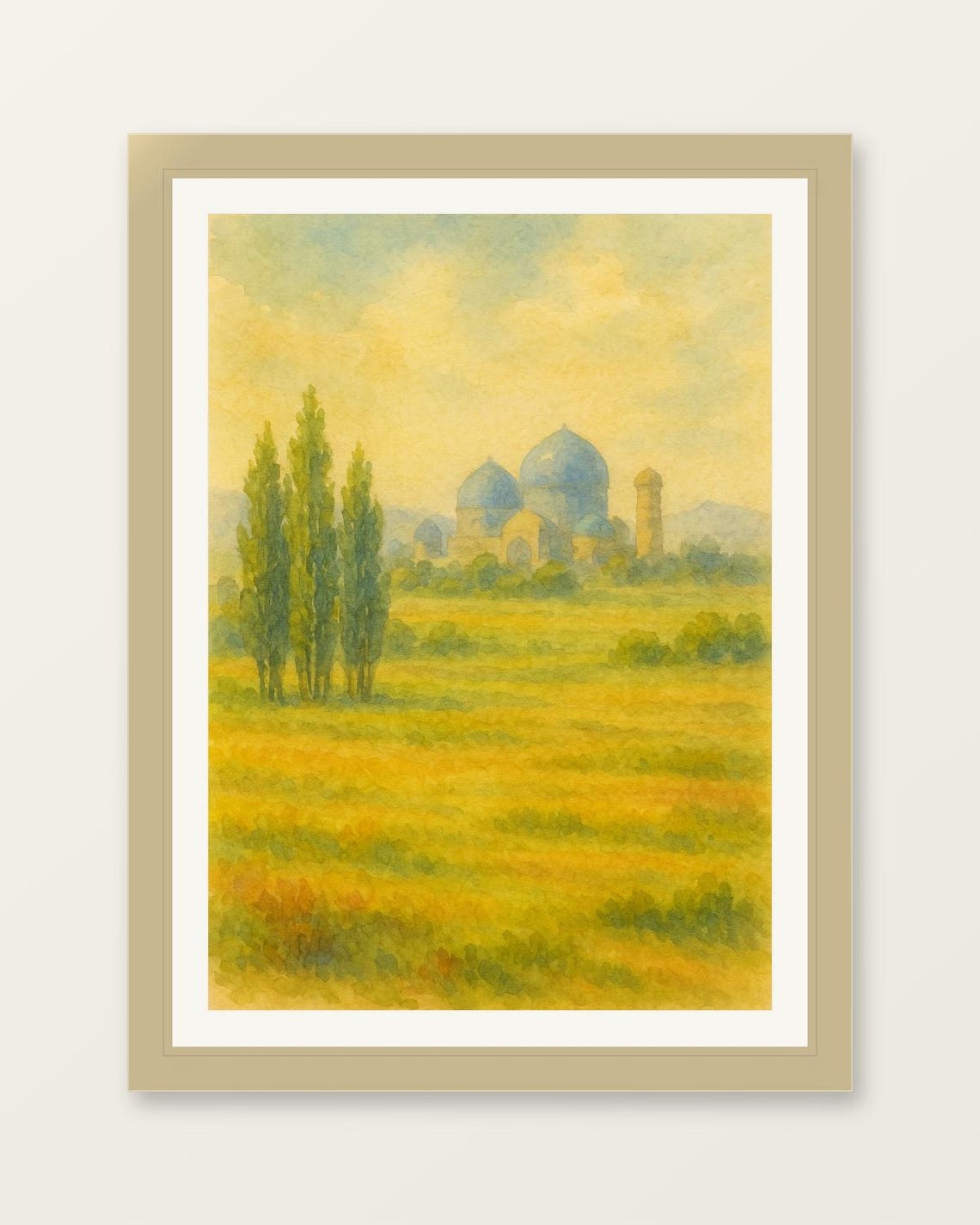 Samarkand Countryside Blue Domes Uzbekistan Watercolor Field Poster
