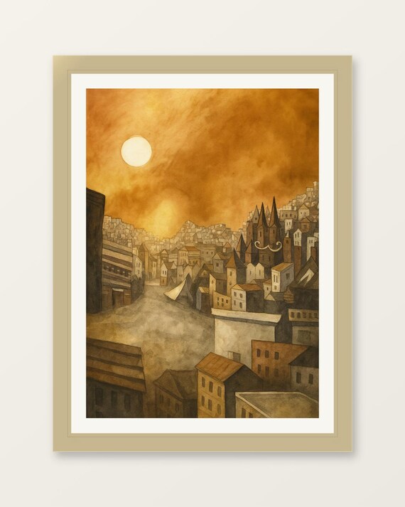 Watercolor Cityscape Print Golden Dusk Over Hillside European Architecture