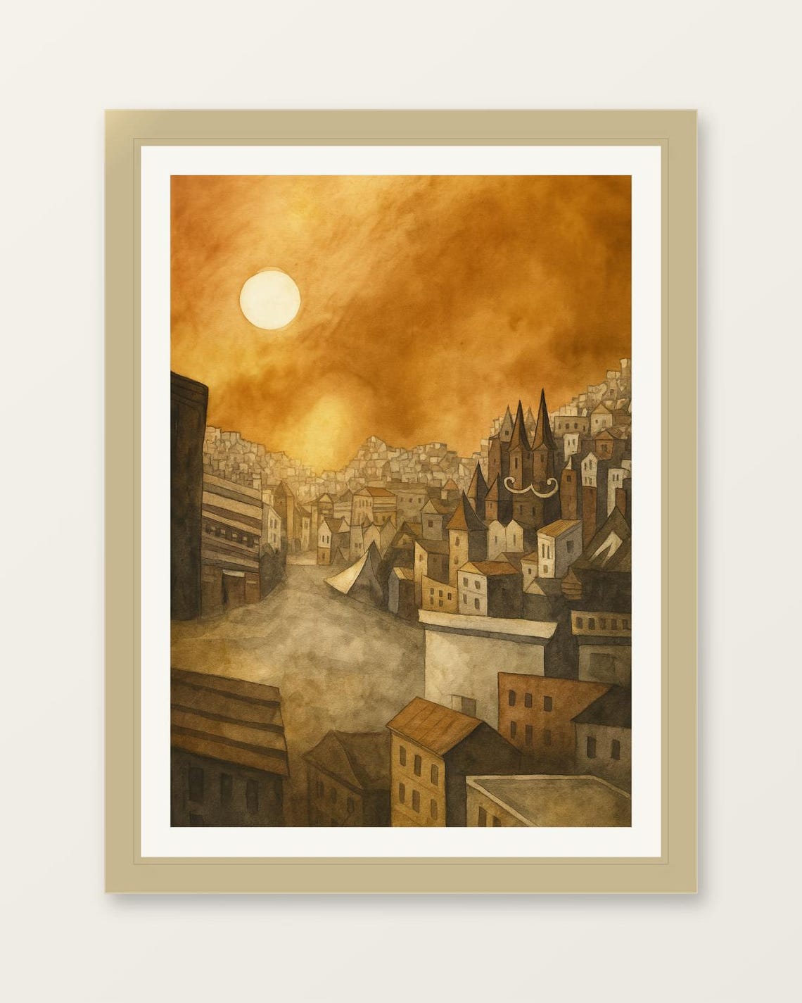Golden Dusk Hillside City Watercolor Warm Old Town Art Poster