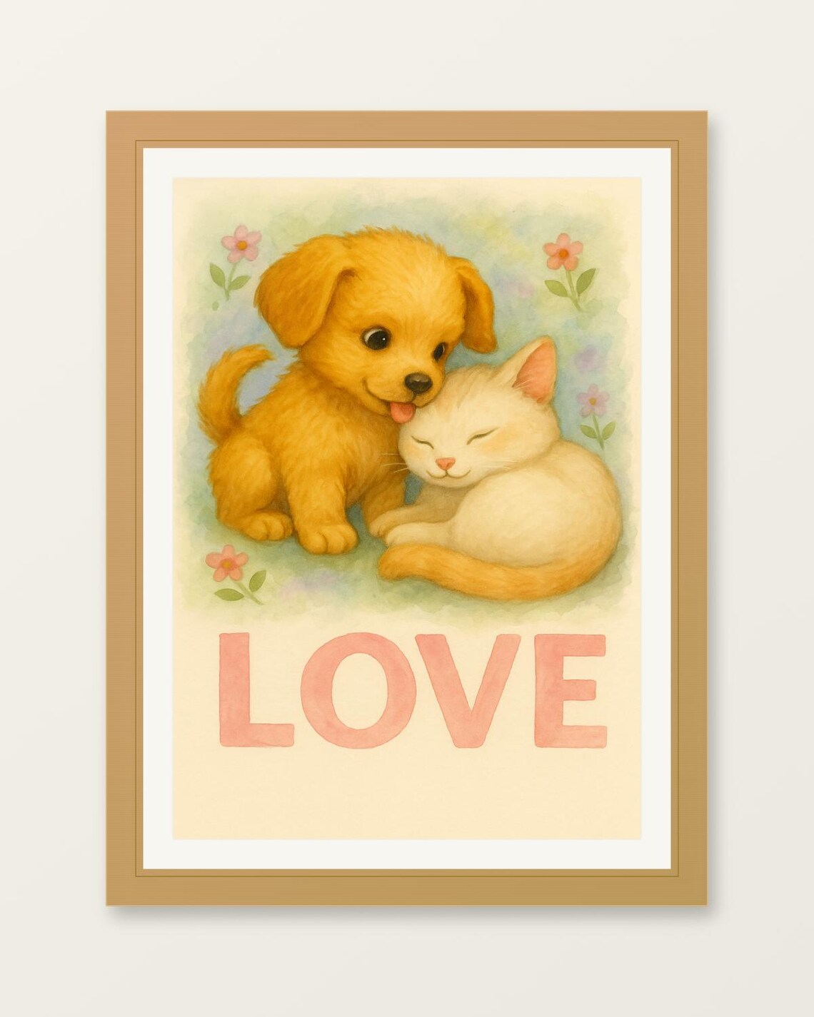 Sweet Puppy and Kitten LOVE Watercolor Cute Pet Friendship Art Poster
