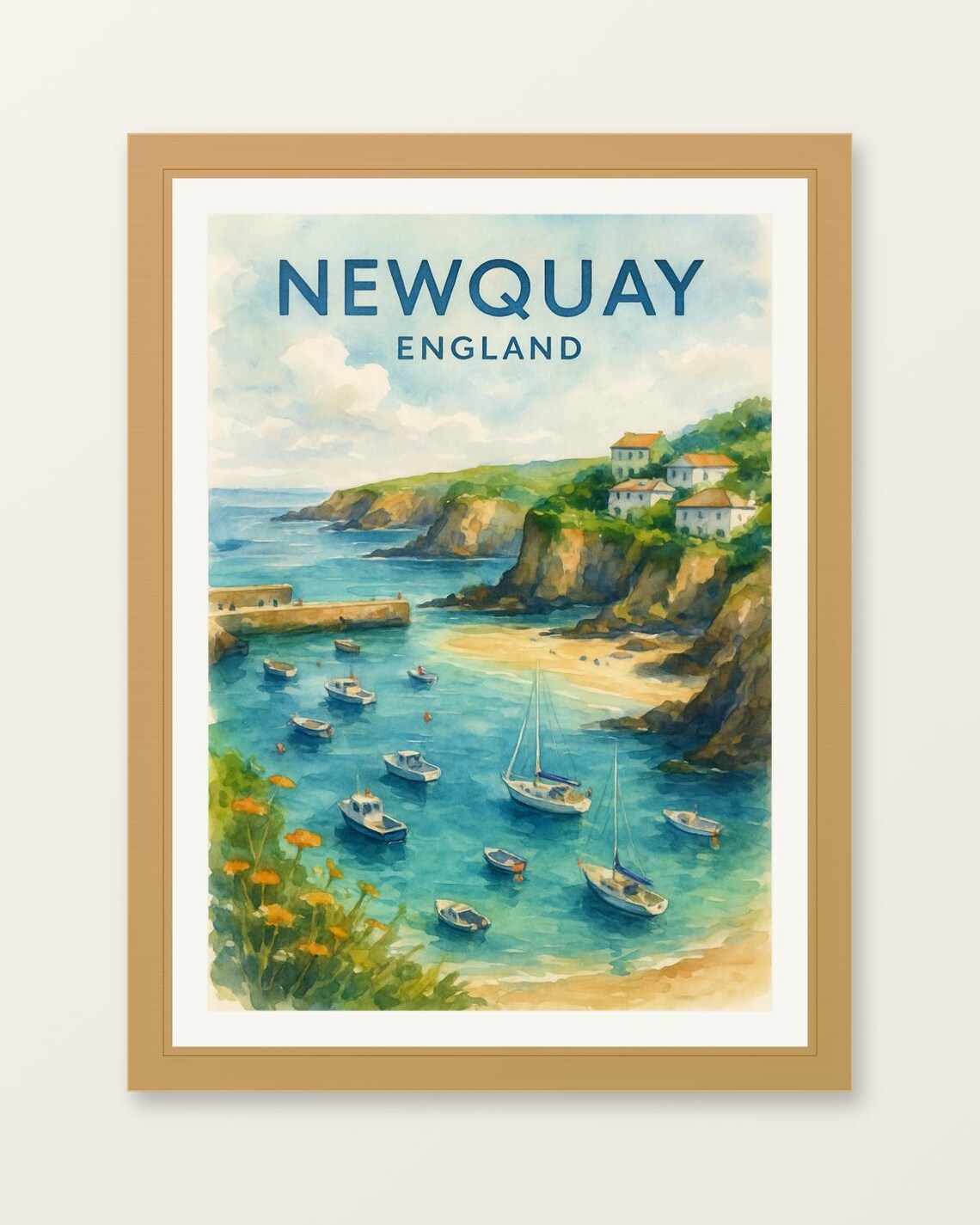 Newquay England Harbor Boats Coastal Watercolor Travel Poster Art