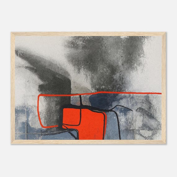Abstract Expressionist Print Red Accent Modern Art Framed Watercolor