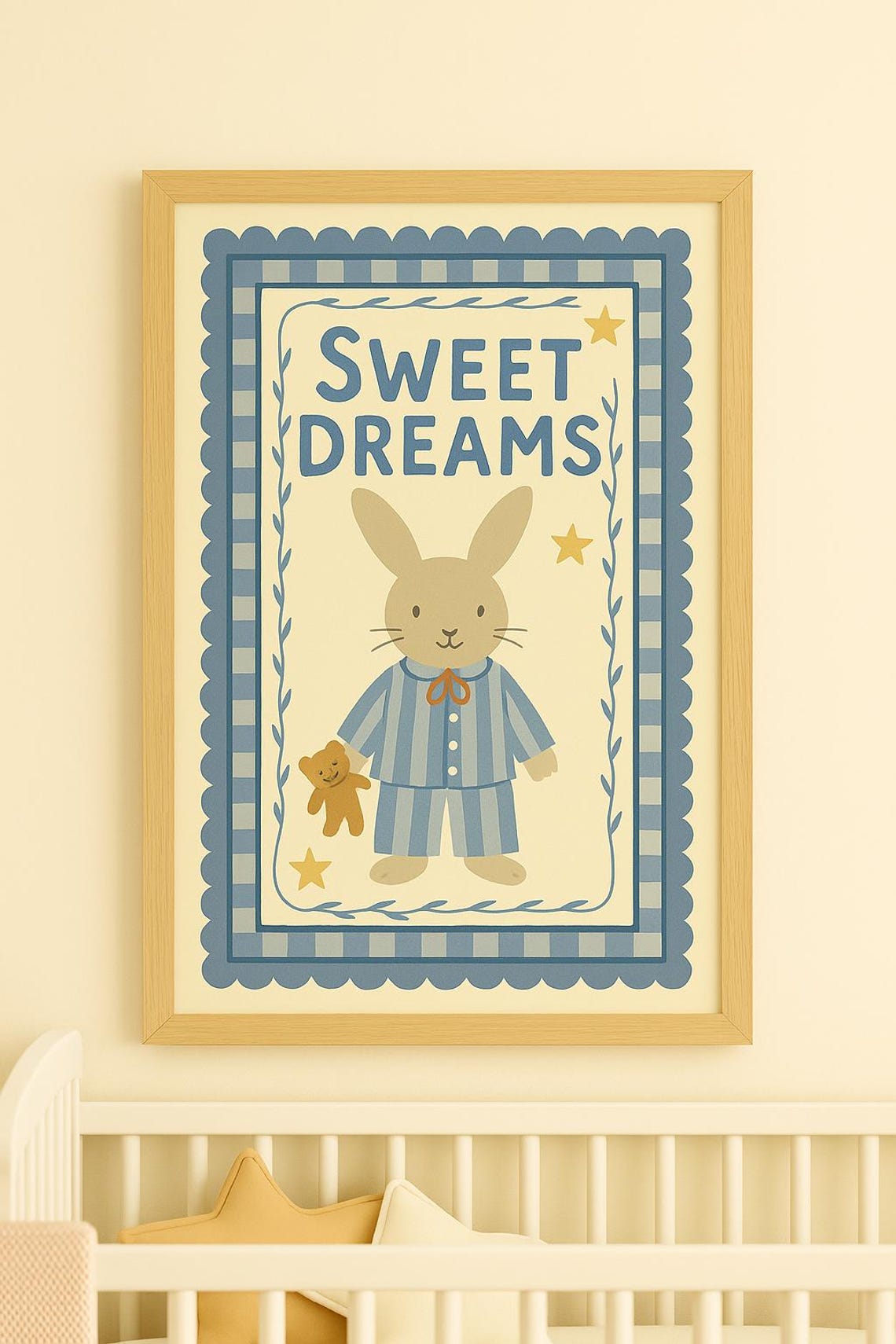 Sweet Dreams Bunny Blue Striped Pajamas Teddy Bear Nursery Poster