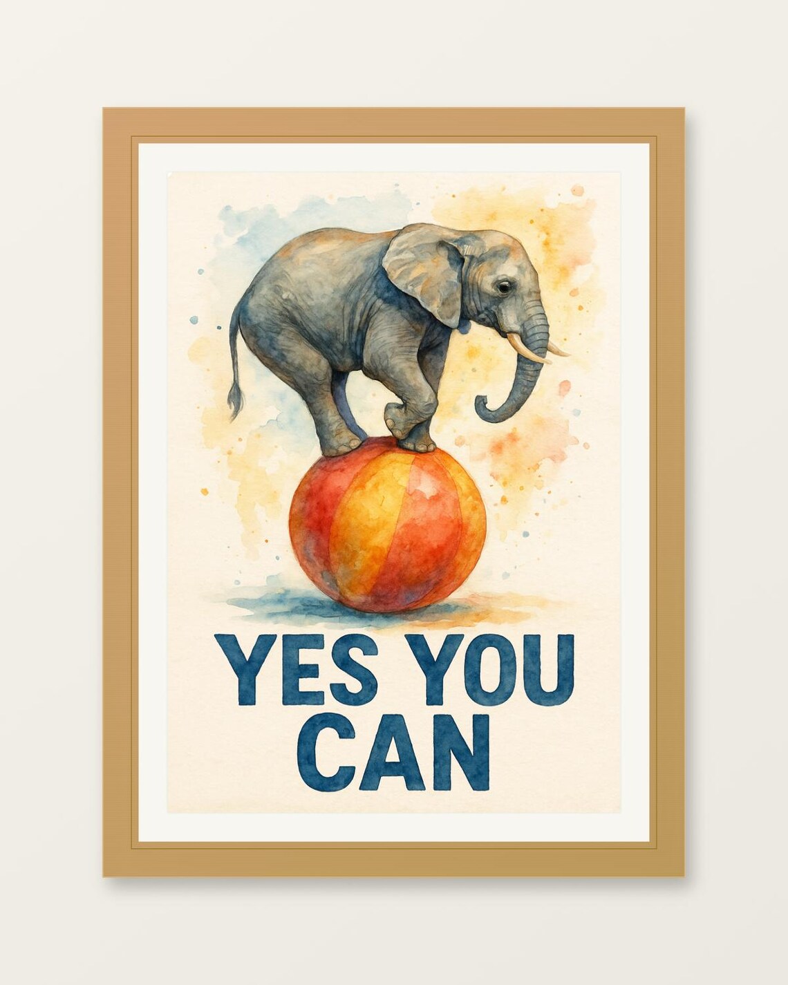 Yes You Can Elephant on Beach Ball Watercolor Motivational Poster