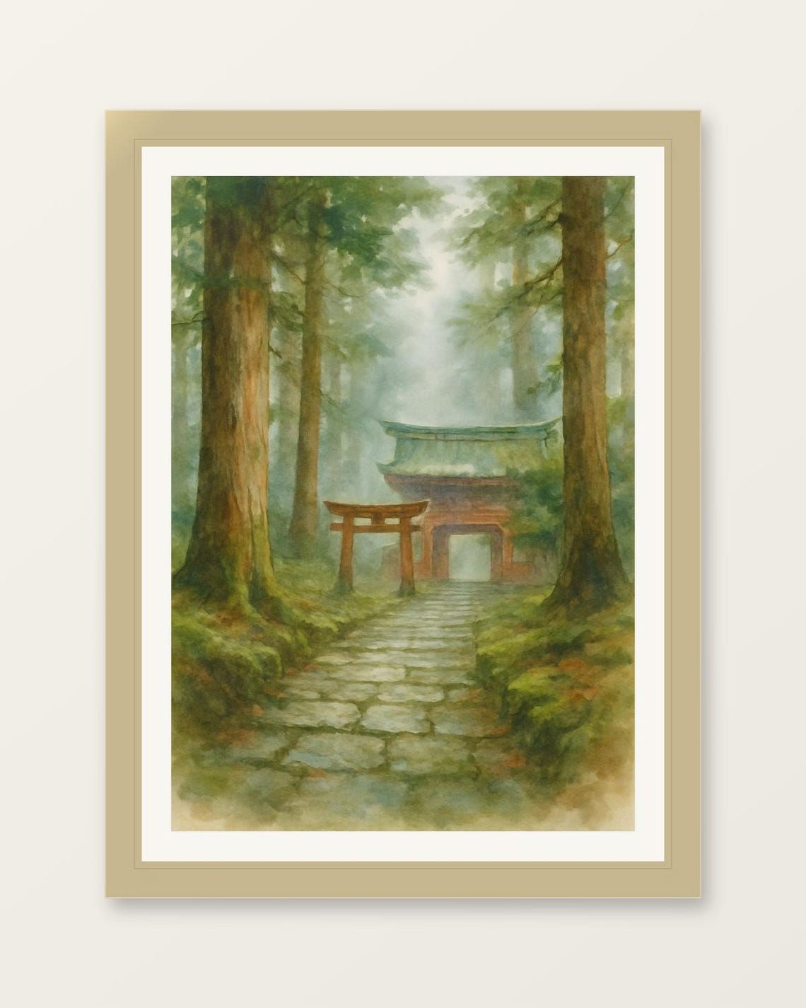 Misty Japanese Forest Shrine Stone Path Watercolor Art Poster