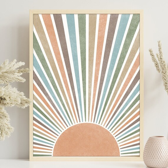 Retro Sunset Wall Art Colorful Geometric Sun Print Abstract Sunrise Poster Boho Sunburst Wall Decor Sunshine Bohemian Artwork