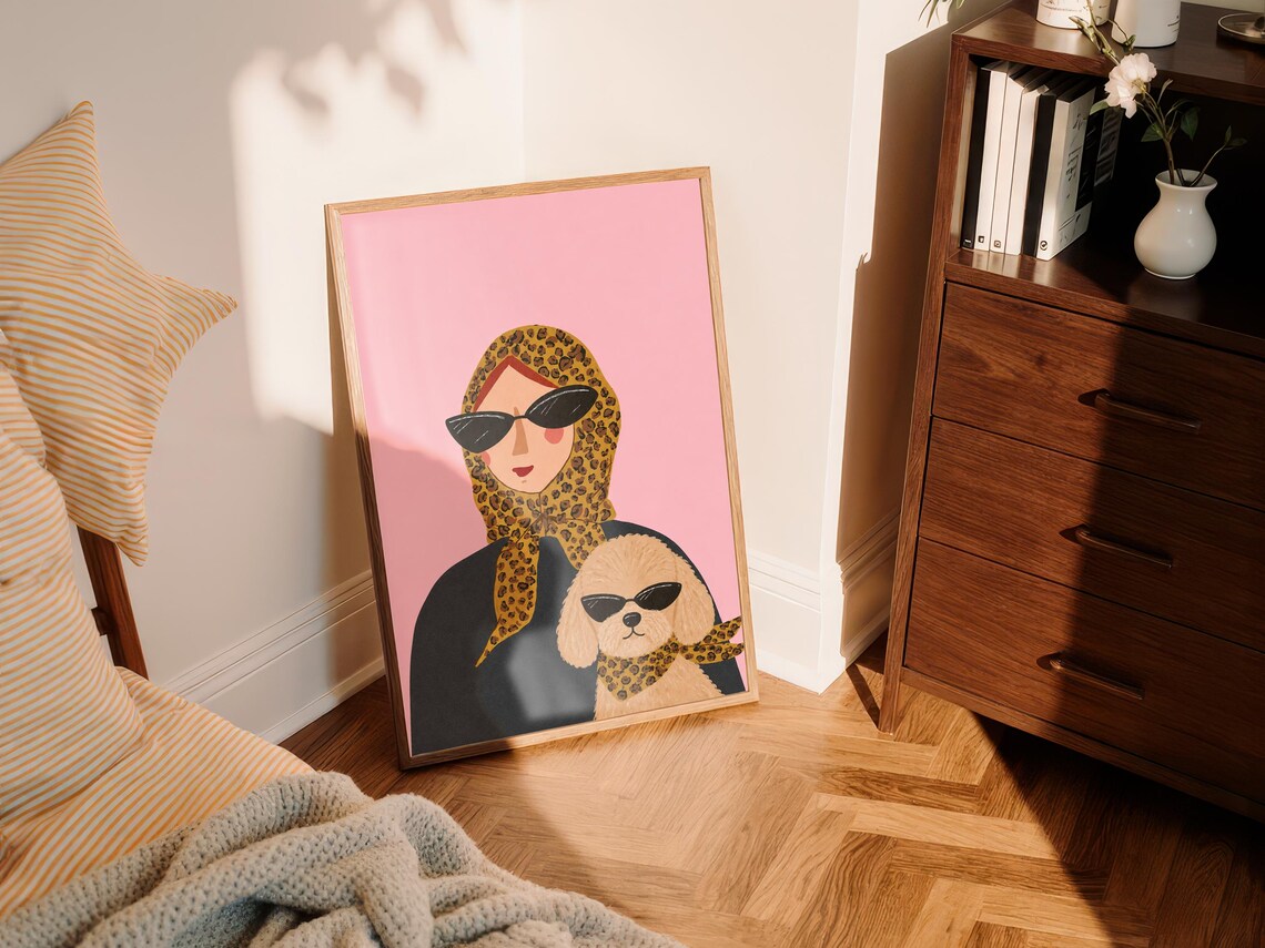 Fashion Dog Mom Sunglasses Fluffy Dog Leopard Scarf Pink Poster