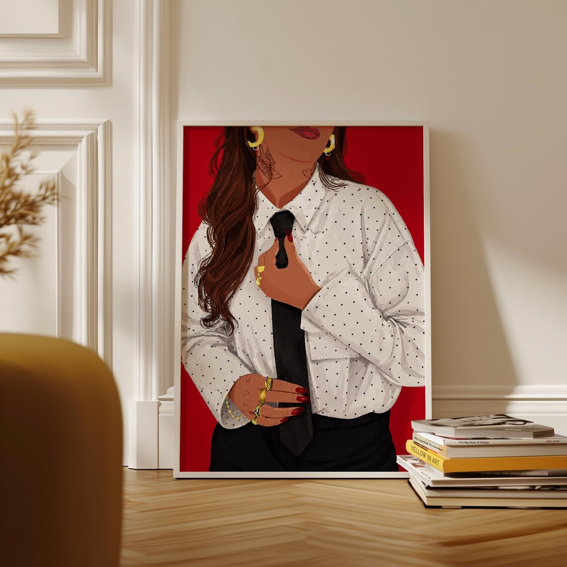 Bold Fashion Girl Polka Dot Shirt Black Tie Red Background Poster