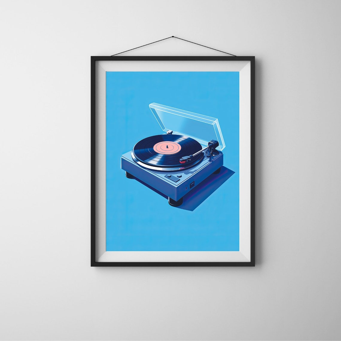 Retro Turntable Isometric Illustration Blue Vinyl Record Art Poster