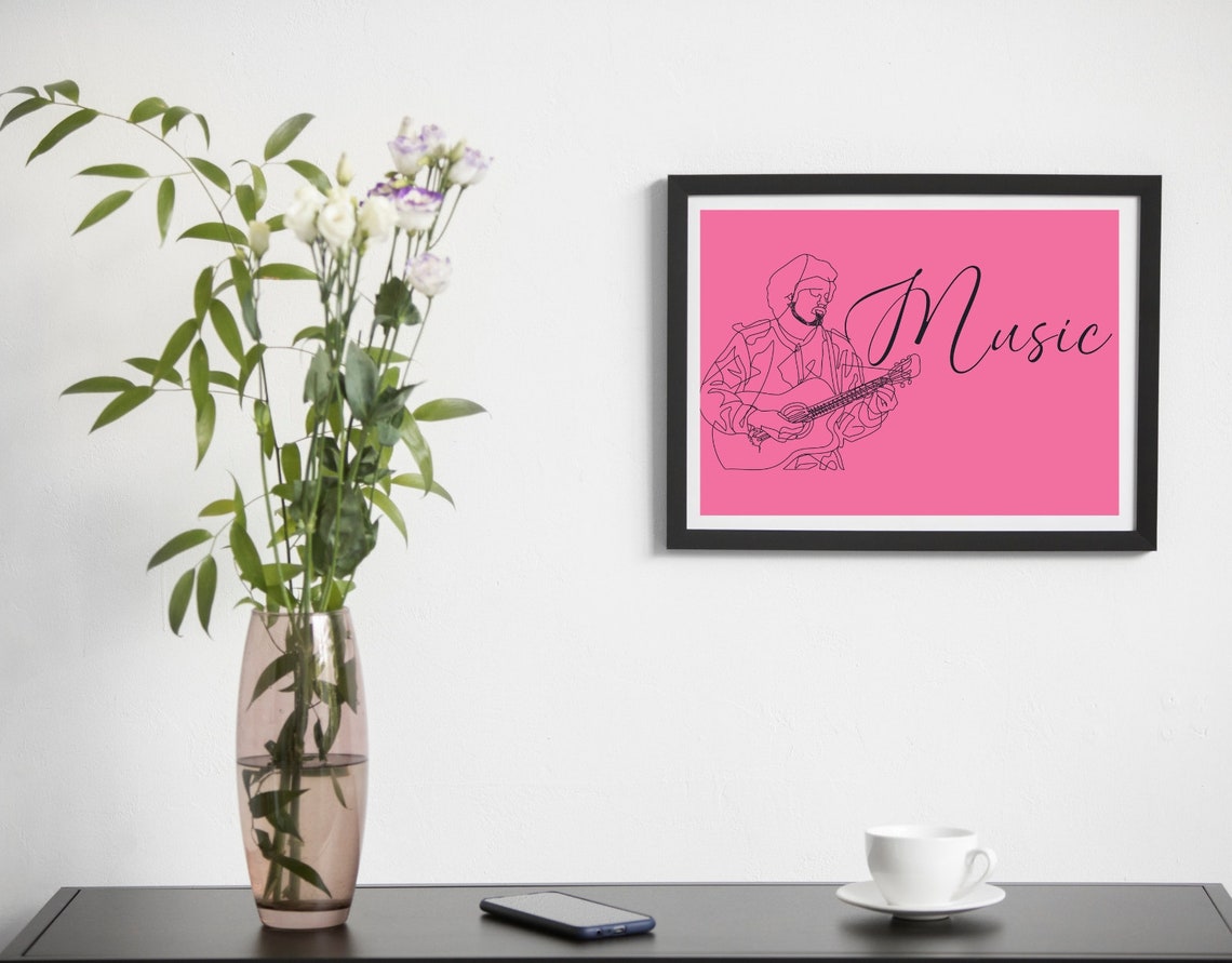 Minimalist Man Playing Guitar Line Art Music Wall Instrument Prints Simple Sketch