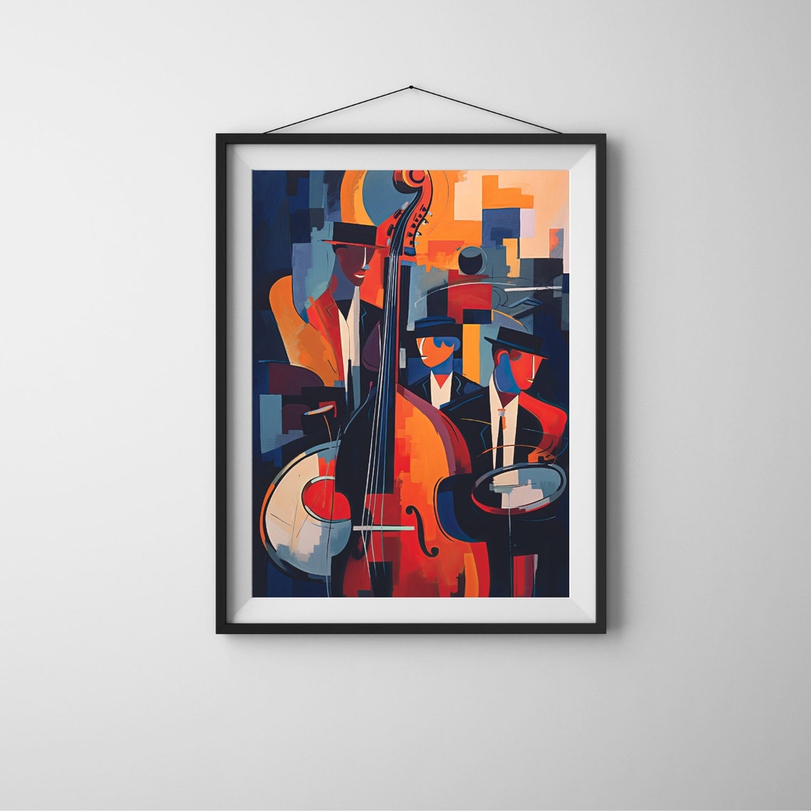 Abstract Jazz Double Bass Trio Cubist Musicians Midnight Art Poster