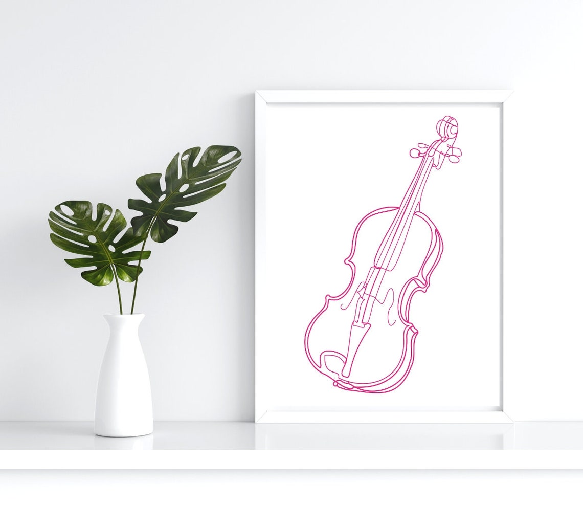 Purple Guitar Line Art Minimalist Music Prints Outline Drawing Simple Sketch Stringed Instrument Artwork