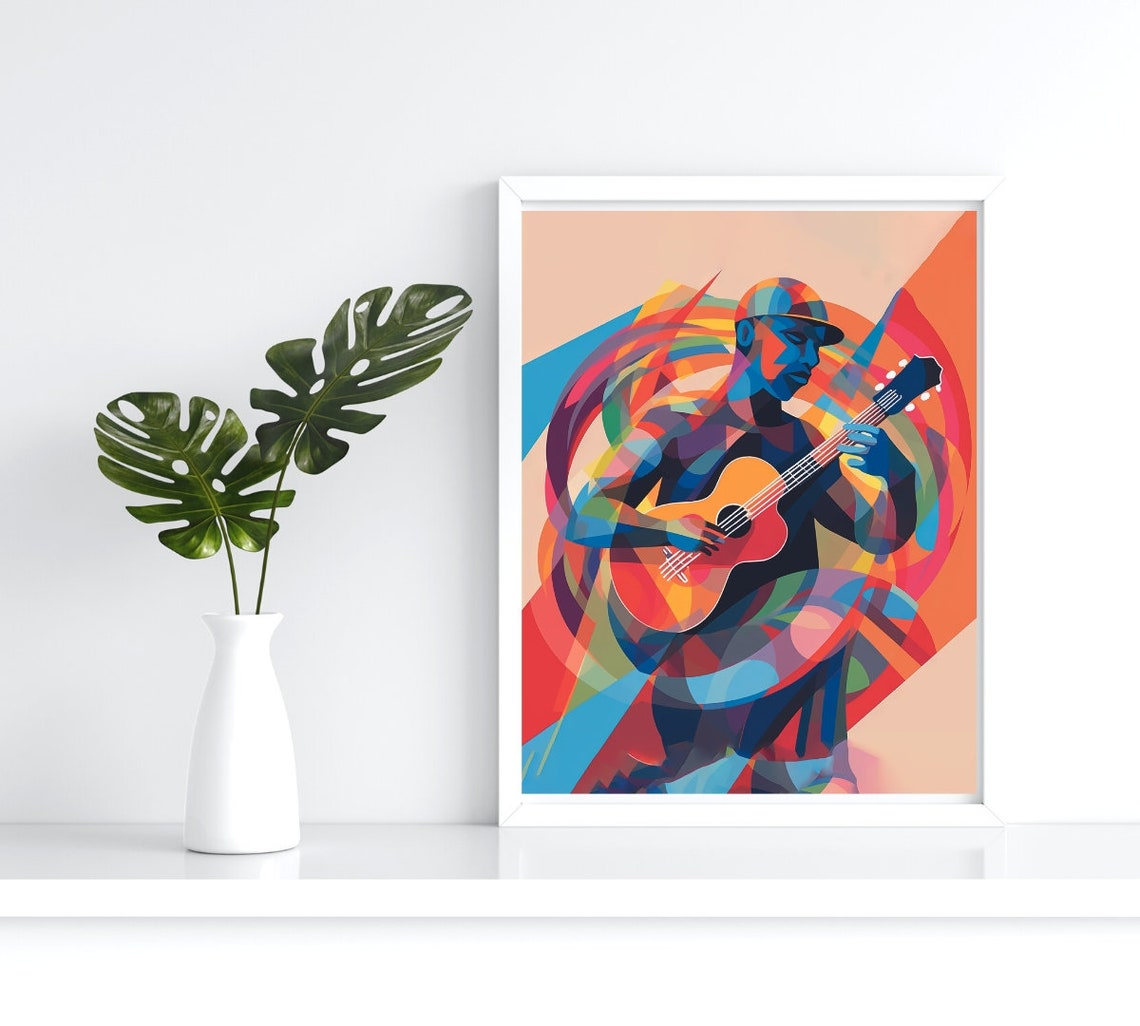 Abstract Man Playing Guitar Wall Art Poster Colorful