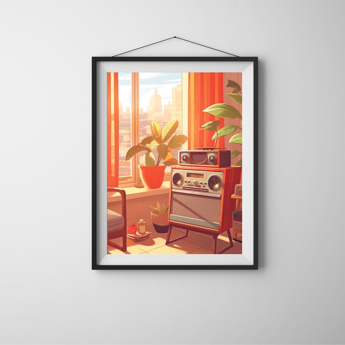 Cozy Retro Stereo Room Illustration Warm Sunset LoFi Art Poster