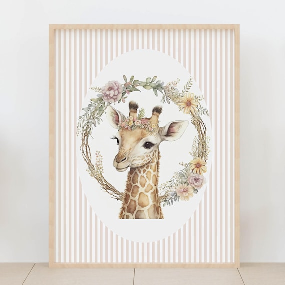 Gentle Baby Giraffe with a Flower Crown Watercolor Nursery Wall Art