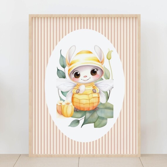 Cute Bunny Dressed in a Bumblebee Costume Watercolor Nursery Wall Art