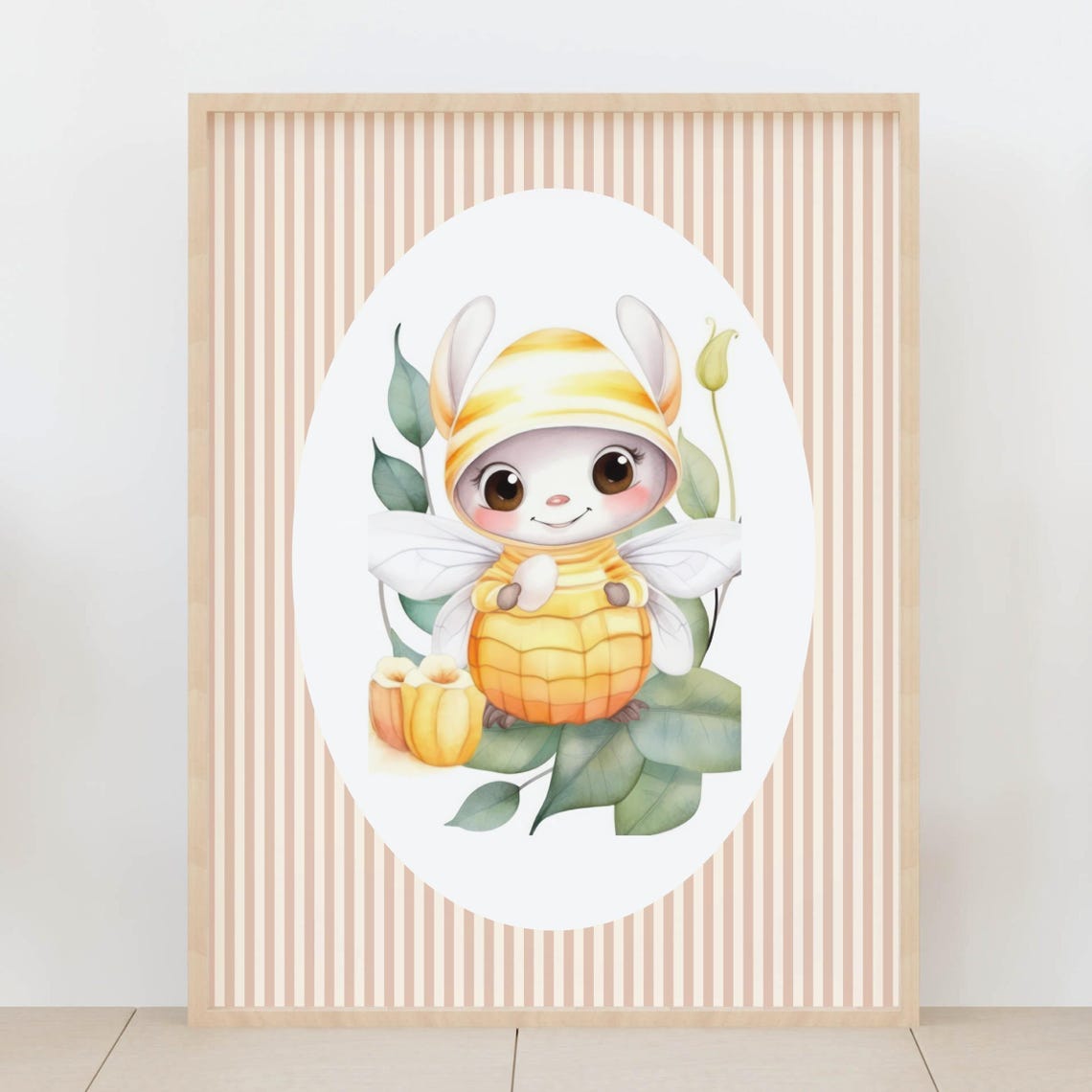 Cute Bunny Dressed in a Bumblebee Costume Watercolor Nursery Wall Art