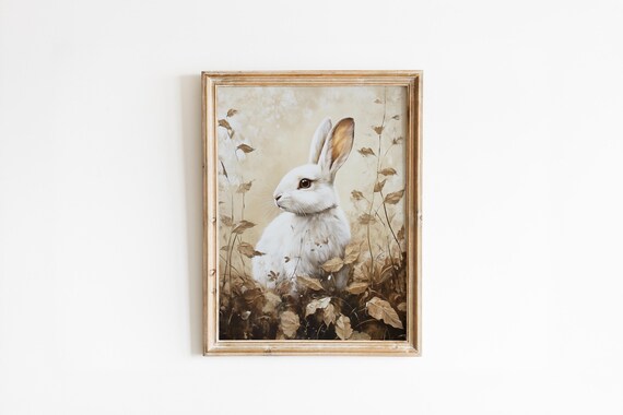Vintage White Rabbit Autumn Leaves Neutral Woodland Art Poster