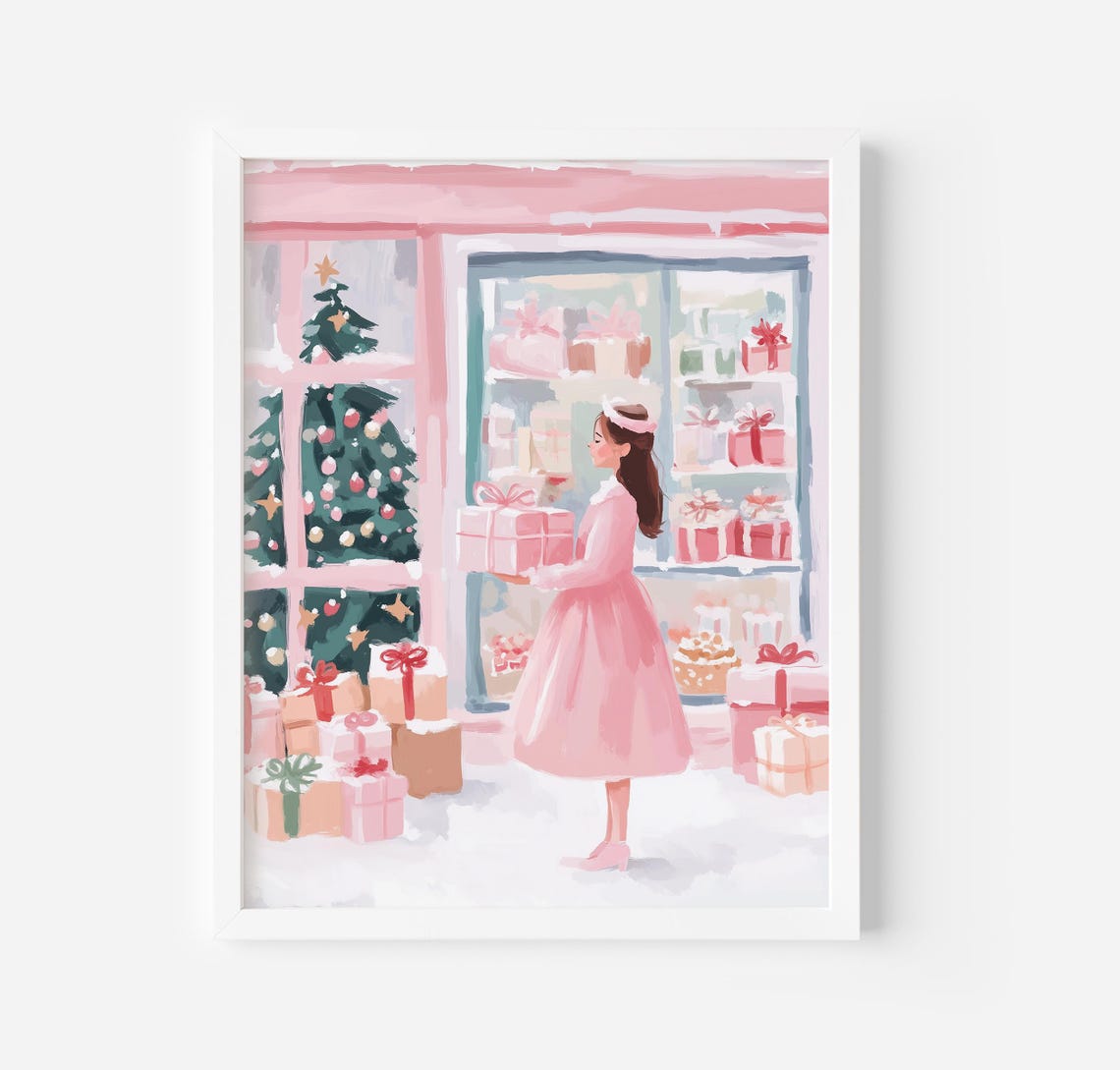 Snowy Christmas Gift Shop Poster Gift Store Print Pink Christmas Art Festive Market In Snowy Town Print Girls Bedroom Christmas Print