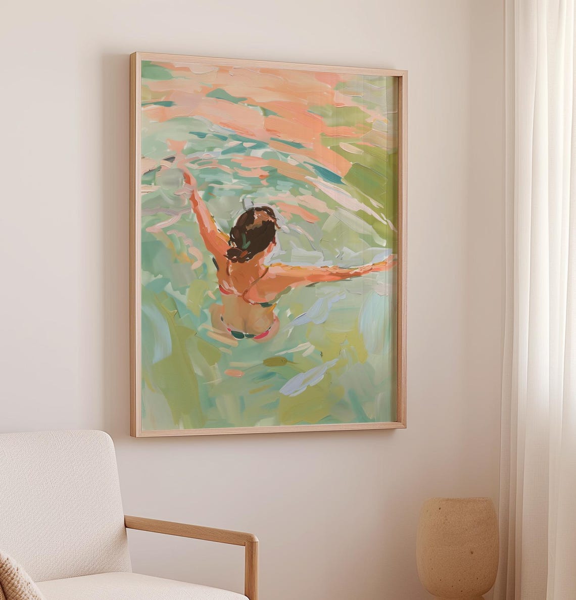Woman In The Ocean Painting Pool Print Beach House Decor Acrylic Painting Coastal Summer Dip Girl Swimming Lake Swimming Print - Image 2