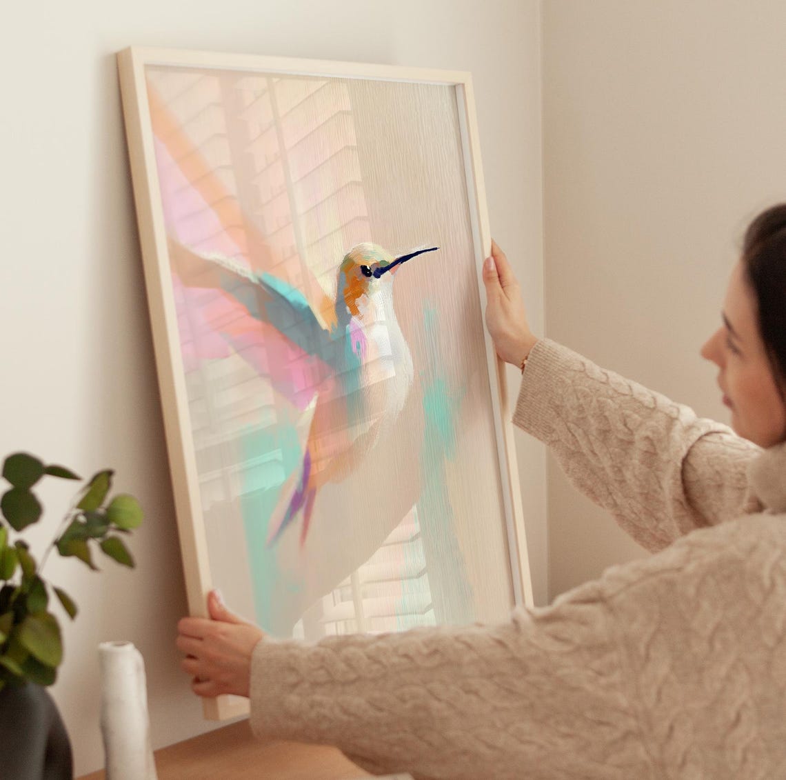 Hummingbird In Flight Pastel Watercolor Bird Painting Poster - Image 3