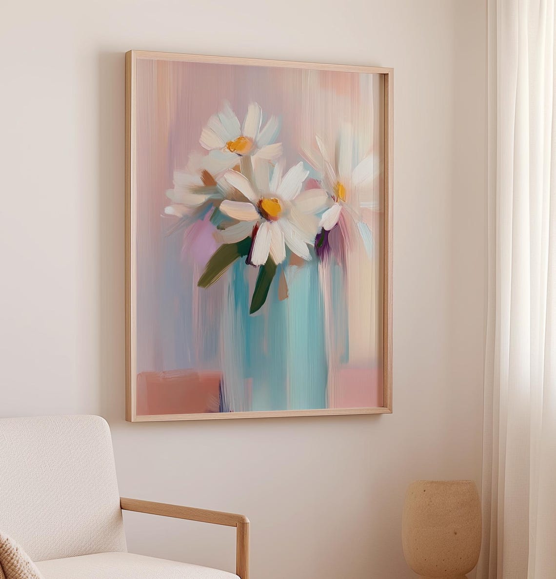 Fresh White Daisy Bouquet In Blue Glass Vase Pastel Floral Poster - Image 2
