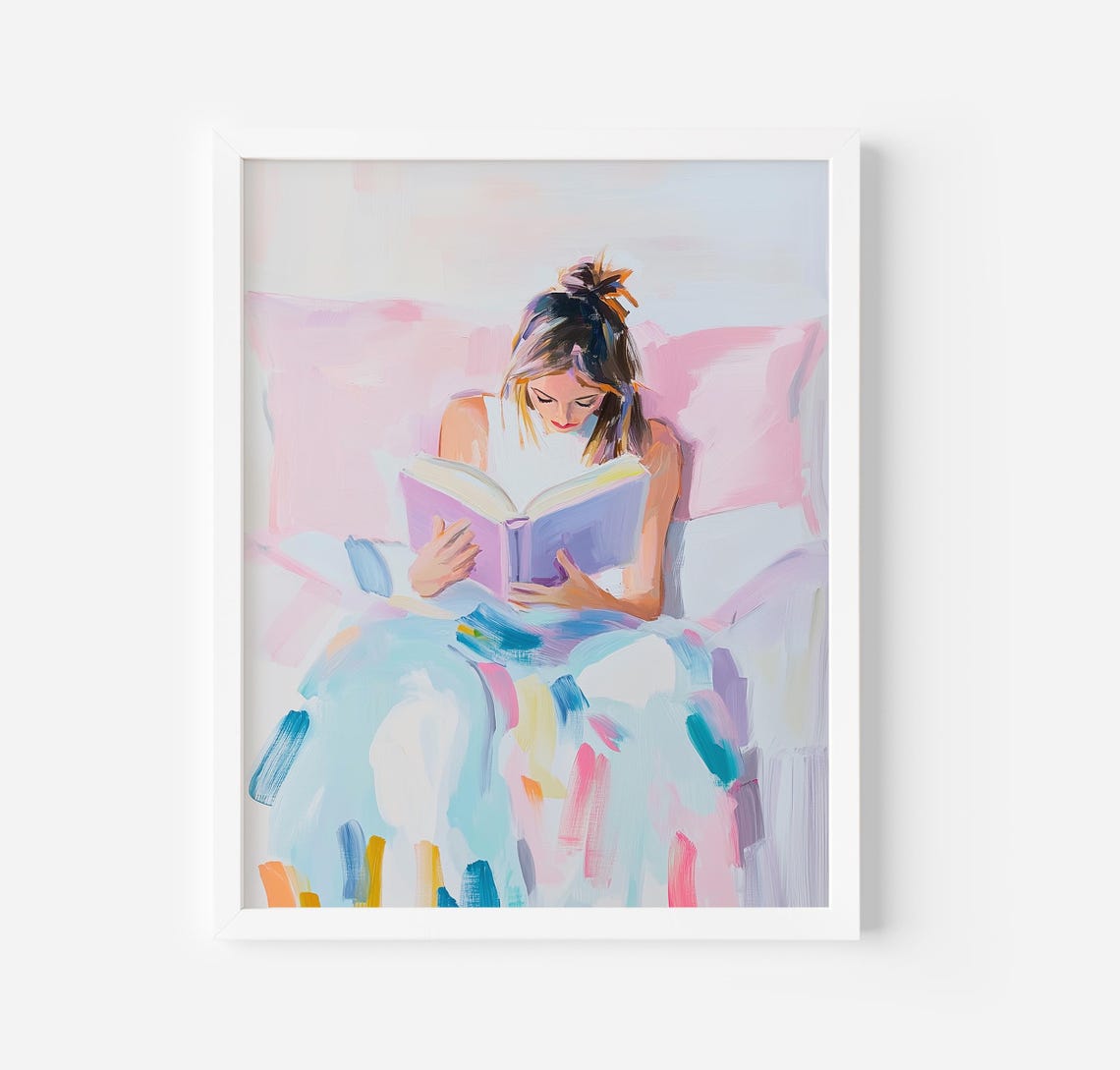 Reader in Bed Pink Blanket Morning Book Pastel Painting Poster