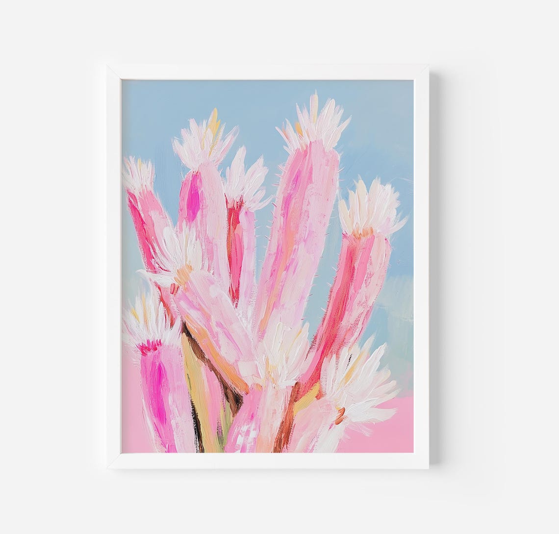 Pink Flowering Cactus Pastel Blue Sky Trendy Desert Plant Poster