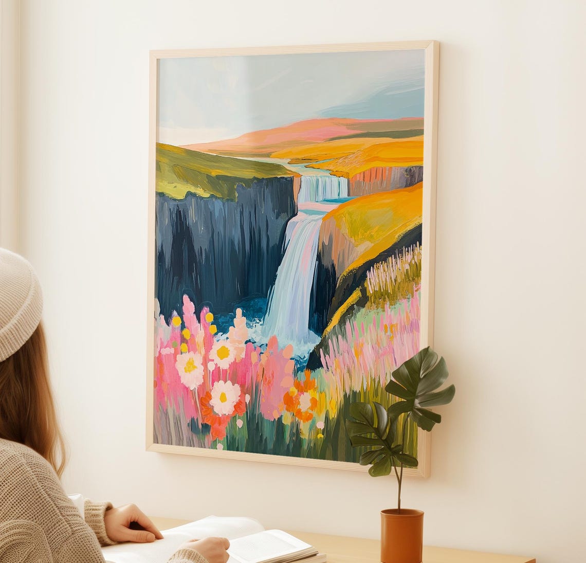 Cliff Waterfall With Pink Wildflowers Colorful Canyon Painting Poster - Image 3